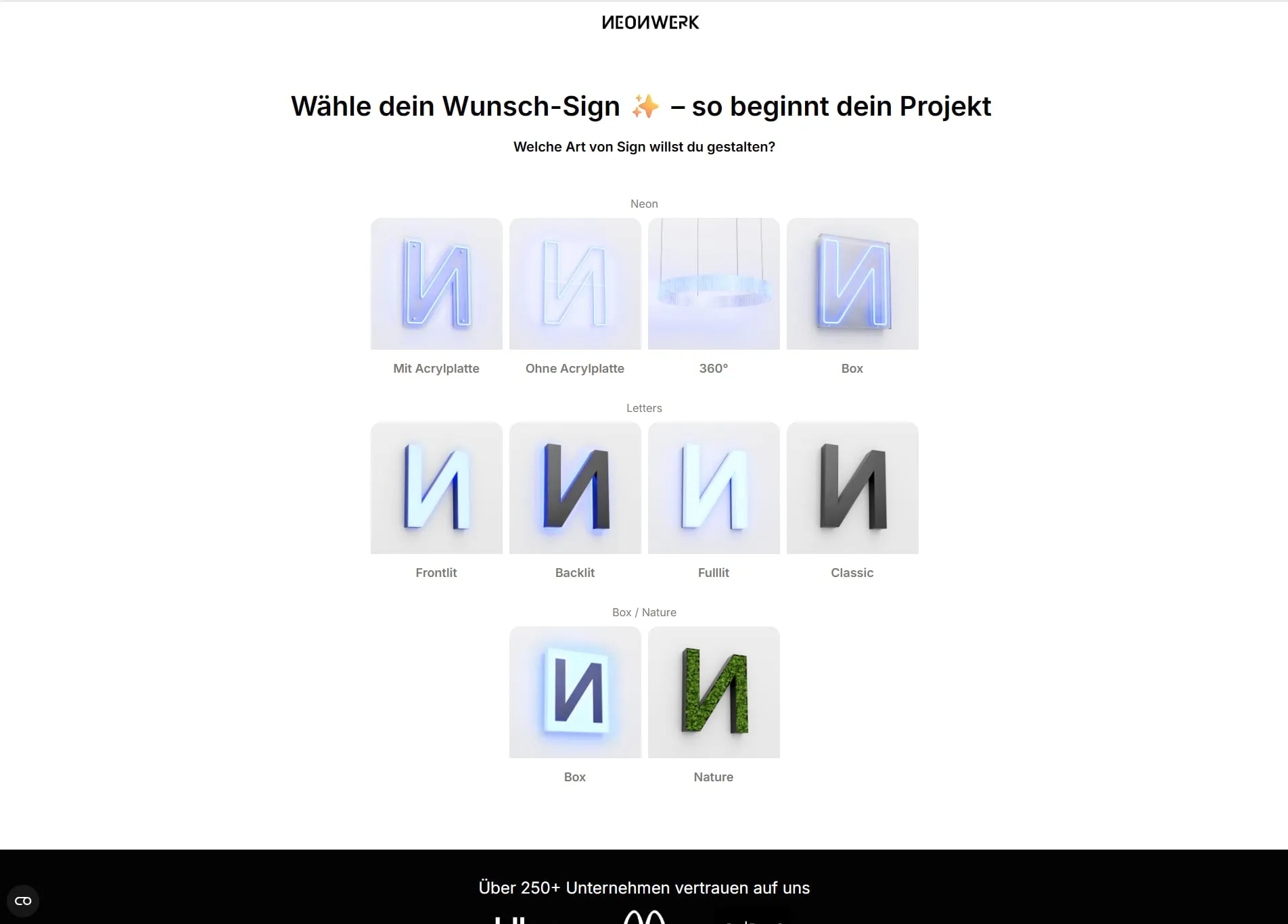 Neonwerk-Anfrageformular: Auswahl der Sign-Art von Neon bis Letters